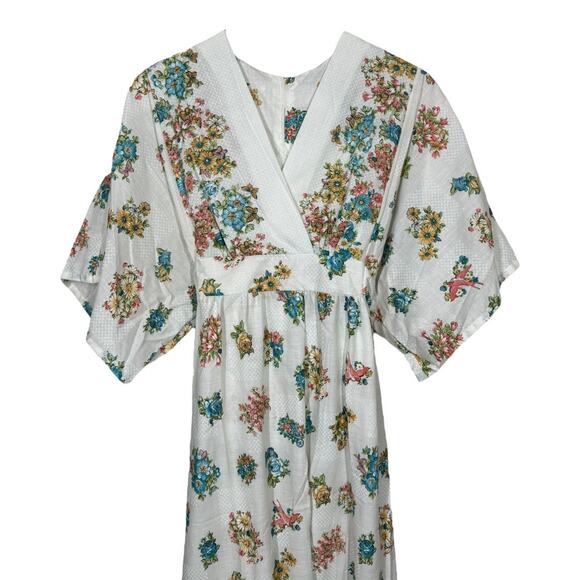 Vintage 1970s Floral Long House Dress Nightgown Medium White Cottage Boho Dainty - Picture 2 of 5